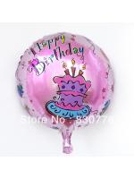 ลูกโป่งฟลอย์ Happy Birthday ทรงกลมพื้นชมพูลายเค้ก - Happy Birthday Cake Round Balloons / Item No. TL-D021