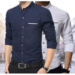 เสื้อคอจีนผู้ชาย เชิ้ตแขนยาว แฟชั่น แต่งขอบปก แขนคลิบขาว Size No.36 38 40 42 44 46 เทา ชมพู ฟ้า เบจ เทาเข้ม