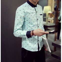 เสื้อเชิ้ตแขนยาว ปกเล็กพิเศษแฟชั่นแต่งกระดุม ลายทาง สีเขียว size 39