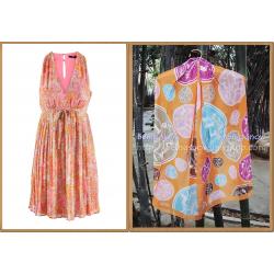 H&M - เดรสคอวี แขนกุด ผ้าชีฟองลายดอกสีชมพู-ส้ม แถม ผ้าพันคอ Hermes สีส้ม