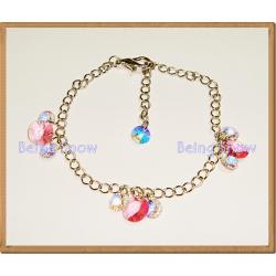 สร้อยข้อมือคริสตัลทรงกลมแบนเล็ก-ใหญ่ สีชมพู Rose + สีใส