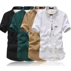 เสื้อเชิ้ตคอจีนแขนสั้น แต่งคอเข็มขัด สีดำ เขียว กากี No.34 36