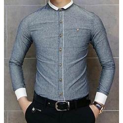 เสื้อเชิ้ตปกเล็กแขนยาวแต่งริบคอแขน สีเทา No.39