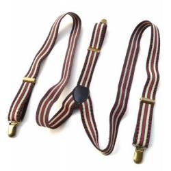 สายรัดกางเกงเอี๊ยม ลายทาง สายยืดหยุ่น คลิบ หัวทองเหลือง กว้าง 2.5cm แบบ Y สีน้ำตาล ดำ