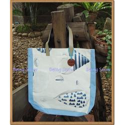 กระเป๋าช๊อปปิ้งพิมพ์ลายหอยทะเล - สีฟ้า