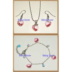 Set สร้อยคอ & สร้อยข้อมือ & ต่างหูคริสตัลหัวใจ สีชมพู Rose