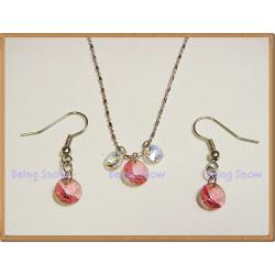 Set สร้อยคอ & ต่างหูคริสตัลรุ่นกลมแบน สลับเล็ก-ใหญ่ สีชมพู Rose