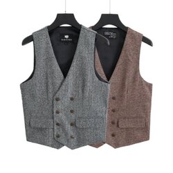 เสื้อกั๊กสูท สไตล์อังกฤษ แฟชั่น เรียบหรู วูล กระดุมคู่4 8เม็ด แต่งกระเป๋า คอวี เอวSize No.32 34 36 38 40 42 เทา น้ำตาล