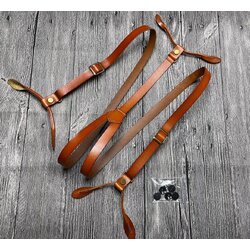 สายรัดกางเกงเอี๊ยม แบบหนังแท้หนาพิเศษ วินเทจ ติดกระดุม กว้าง 1.8cm แบบ Y หูคู่ สีน้ำตาล