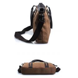 กระเป๋าวินเทจ ถือ สะพายไหล่ เย็บแถบหนัง ผ้าใบ สีน้ำตาล ทรง H