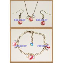 Set สร้อยคอ & สร้อยข้อมือ & ต่างหูคริสตัลรุ่นกลมแบน สลับเล็ก-ใหญ่ สีชมพู Rose
