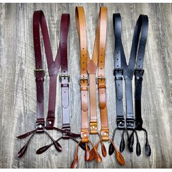 สายเอี๊ยมหนังกระดุม หนังแท้ สายรัดกางเกงกระดุม ปรับเข็มขัด หนังแท้ สี ดำ น้ำตาลอ่อน น้ำตาล 2.4cm