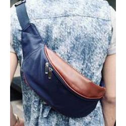 กระเป๋าสะพายข้าง คาดเอว แบบกันน้ำ หนังน้ำตาล สี น้ำเงิน
