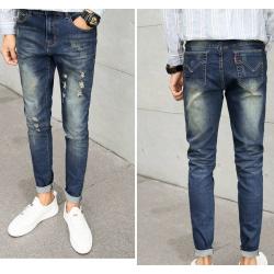 กางเกงยีนส์ 5 ส่วน แฟชั่น พับขา แต่งขาด เอว No.31-32 น้ำเงินเก่า