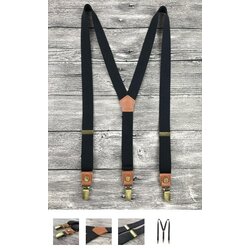 สายรัดกางเกงเอี๊ยม วินเทจ คลิบแน่นหัวทองเหลือง หนังแท้ กว้าง 2.5cm แบบ Y ยืดหยุ่น สีดำ