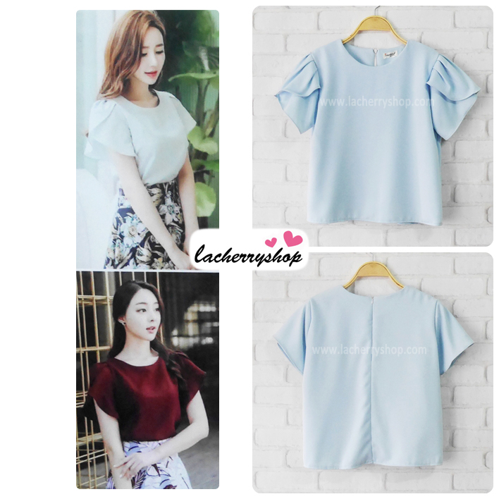 เสื้อผ้าแฟชั่นสวยๆ เสื้อทำงาน ทรงแขนกลีบบัว สีเหลือง ผ้าฮานาโกะ แบบสวยหวานๆสไตล์เกาหลี