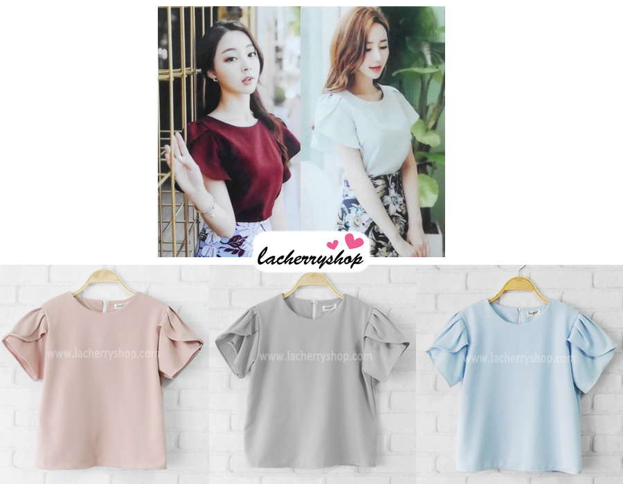 เสื้อผ้าแฟชั่นสวยๆ เสื้อทำงาน ทรงแขนกลีบบัว สีนู้ด ผ้าฮานาโกะ แบบสวยหวานๆสไตล์เกาหลี