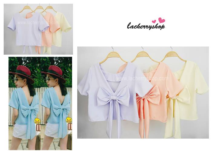 เสื้อแฟชั่นผ้าฮานาโกะ เสื้อครอปวีหลัง(สีนู้ด) แต่งโบว์เก๋ๆ แบบสวยน่ารักมากๆเนื้อผ้าฮานาโกะคุณภาพดี