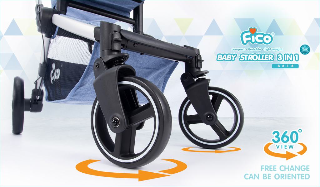 Fico รถเข็นเด็ก รุ่น Apollo (B818) สามารถรับน้ำหนักได้ 15 kg. สำหรับเด็กวัยแรกเกิด – 36 เดือน มาพร้อมคาร์ซีท รุ่น BC010(B818) ที่ติดตั้งได้อย่างง่ายดาย เบาะนั่งกว้างสามารถปรับให้สามารถ นั่ง เอน และนอนได้ ปลายเท้าของเปลนอนสามารถปรับให้เป็นที่วางขา เมื่อปรับเปลนอนให้อยู่ในตำแหน่งนั่ง เหมาะสำหรับการเดินทาง บาร์กันที่นั่งสามารถถอดออกได้ มีตะกร้าที่ใหญ่ไว้สำหรับใส่ของที่ด้านล่างของรถเข็น ล้อมีขนาดใหญ่ทีจะช่วยละแรงกระแทกมาพร้อมระบบกันสะเทือนที่ล้อด้านหน้า ปลอดภัยมากขึ้นกับระบบล็อกล้อที่สามารถล็อกได้ทั้งการเคลื่อนที่ และล็อกการเลี้ยว สายคาดนิรภัยแบบ 5 จุดตามมาตรฐานสากล