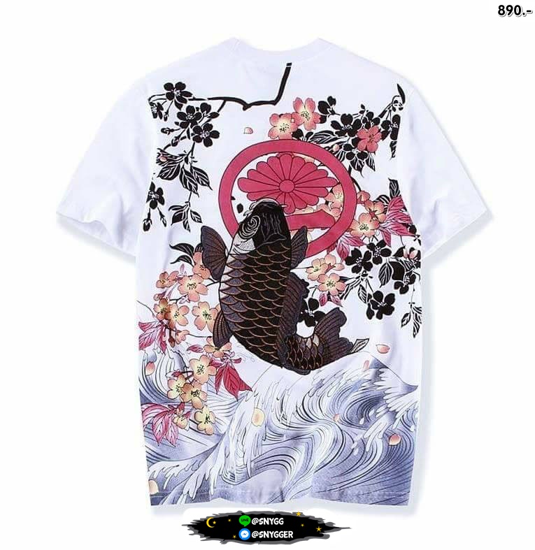 เสื้อยืด ปักลายปลาคาร์ฟ สีขาว