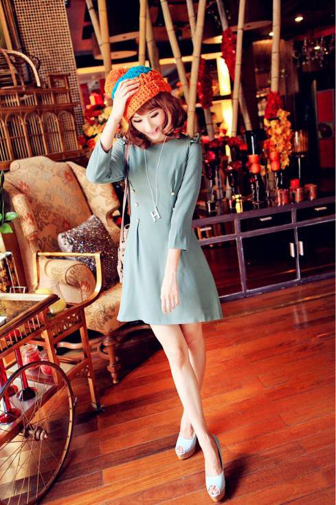 SALE//SALE (ส่งฟรี) 91PF ชุดเดรส สไตล์เกาหลี สีฟ้า แขนสามส่วน แต่งไหล่น่ารักๆเป็นหยักๆ ปักหมุดสีทองด้านหน้า มีสายมัดเอว แบบสวยเรียบหรู สินค้าคุณภาพดี