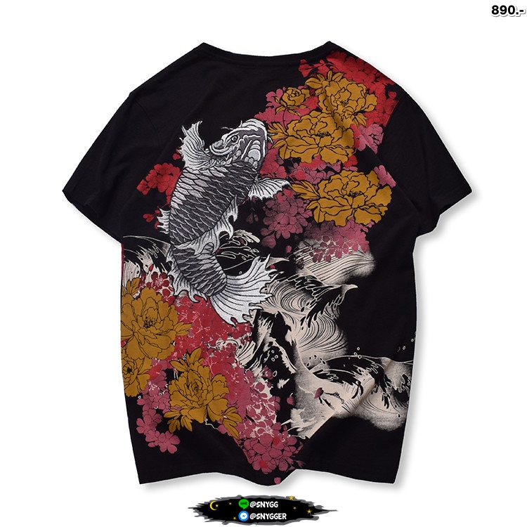 เสื้อยืด สกรีนลายดอกไม้+ปักลายปลา ดำ