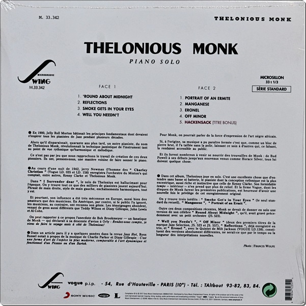 Theolonious Monk - Piano Solo 1Lp New