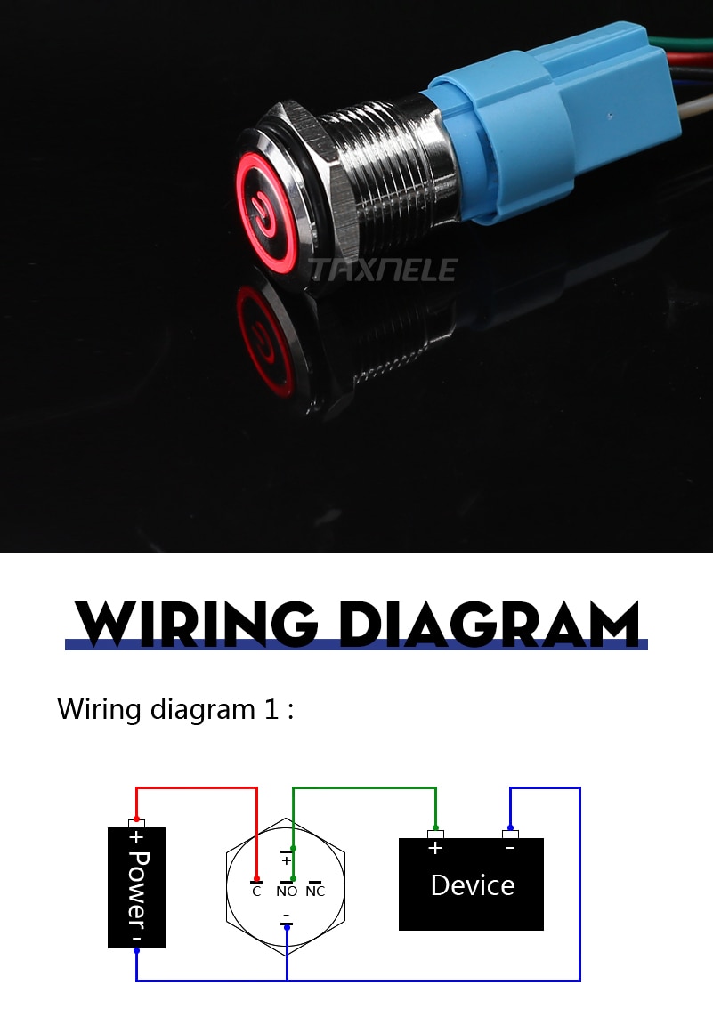 (1ตัว) Push SW 16mm 9-24V 3A ชนิดกดล็อค (กดติด-กดอีกครั้งดับ) พร้อมคอนเนคเตอร์