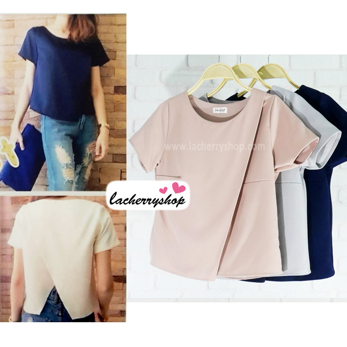 เสื้อแฟชั่นสวยๆ ผ้าฮานาโกะ (สีชมพู) ตัดแต่งผ้าไขว้ เปิดด้านหลังเก๋ๆ แบบยอดนิยม สวยเรียบหรู