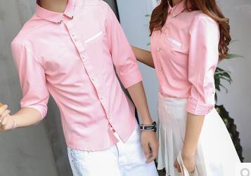 เสื้อเชิ้ตคู่รัก แขนพับข้อศอก คลิบกระเป๋าขาว สีชมพู No.35