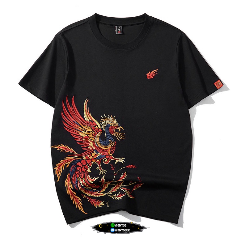 เสื้อยืดปักลายนกฟีนิกซ์ สีดำ