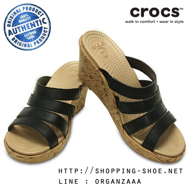 Crocs Women’s A-Leigh Leather Sandal Wedge - Black / Gold ของแท้ Outlet ไทยและอเมริกา