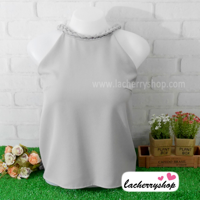 เสื้อแฟชั่นสวยๆ เสื้อทำงาน ผ้าฮานาโกะ สีเทา คอถักเปีย แบบยอดนิยม สวยน่ารักมากๆค่า