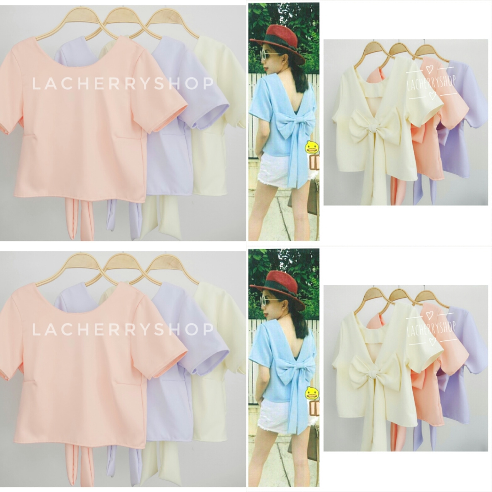 เสื้อแฟชั่นผ้าฮานาโกะ เสื้อครอปวีหลัง(สีนู้ด) แต่งโบว์เก๋ๆ แบบสวยน่ารักมากๆเนื้อผ้าฮานาโกะคุณภาพดี