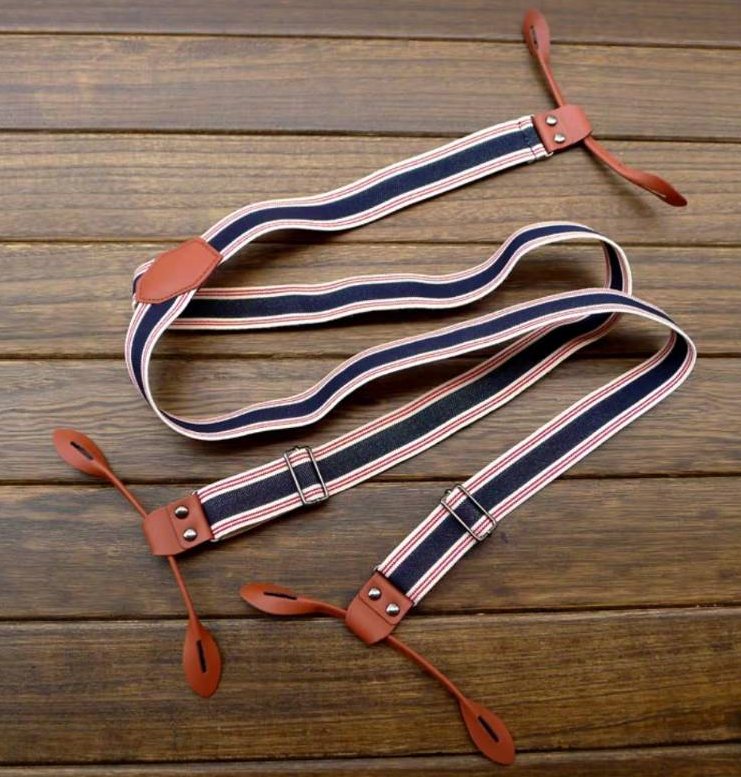 สายรัดกางเกงเอี๊ยม มาตรฐาน 6จุด หูคู่หนังแท้สีน้ำตาล กว้าง 3cm แบบ Y ขาวแดงน้ำเงิน น้ำตาลลาย