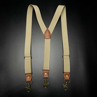 สายรัดกางเกงเอี๊ยม มาตรฐาน 3จุด หนังแท้ กว้าง 3cm แบบ Y กากีอ่อน น้ำตาลลาย