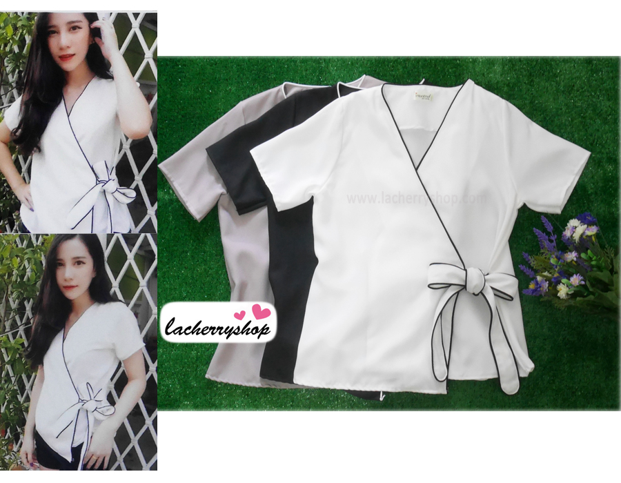 พร้อมส่งค่ะ เสื้อผ้าฮานาโกะ คอวี รุ่นป้ายข้าง กุ้นขอบ ผูกโบว์เอวสวยๆ แบบสวยเรียบหรู