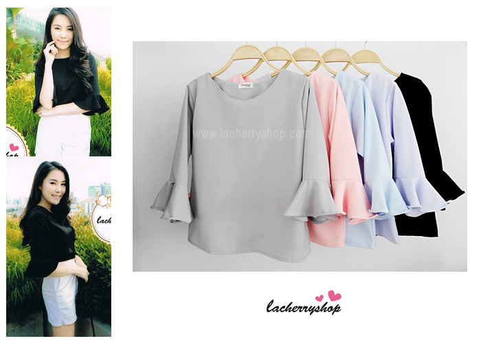 เสื้อแฟชั่น เสื้อทำงาน ผ้าฮานาโกะ สีเทา แขนกระดิ่งสามส่วน แบบสวยเรียบหรู สินค้าคุณภาพดี