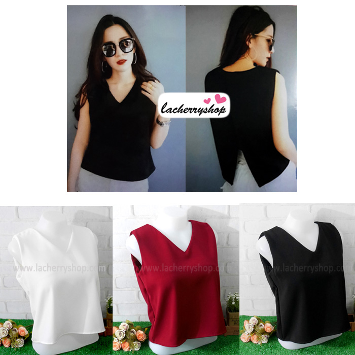 เสื้อผ้าแฟชั่นสวยๆ คอวี แขนกุด สีขาว ดีไซน์แต่งผ้าไขว้เปิดหลังเก๋ๆ ผ้าฮานาโกะ แบบสวยเรียบหรูดูดีมากค่า