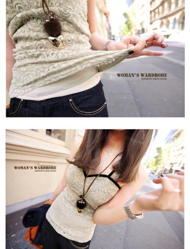 SALE//SALE (ส่งฟรี) เสื้อกล้าม ผ้าลูกไม้ สีแอพริคอต แต่งสายไขว้ด้านหลัง สุดเซ็กซี่