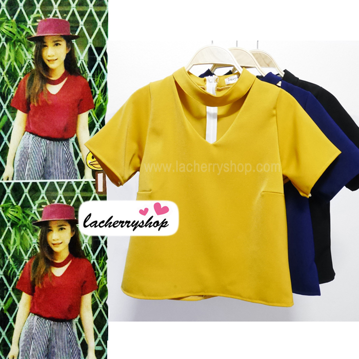 เสื้อแฟชั่น ผ้าฮานาโกะ สีเหลืองมัสตาร์ด ทรงสวย แต่งสายรัดคอเก๋ๆ เนื้อผ้า อยู่ทรง ใส่สบาย ไม่ยับง่าย สินค้าคุณภาพ ราคาไม่แพง
