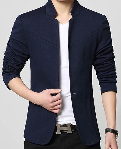 เสื้อสูทผู้ชายคอจีน แฟชั่นสลิมฟิตเรียบ Size No. 35 37-39-41 43 45 47 สีดำ น้ำเงิน