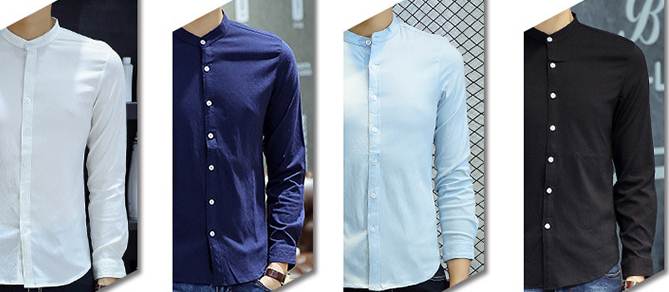 ฟ้า+เสื้อเชิ้ตคอจีนแขนยาว แฟชั่น สลิมฟิตเข้ารูป กระดุมขาว Size No.42 44 สี ฟ้าอ่อน