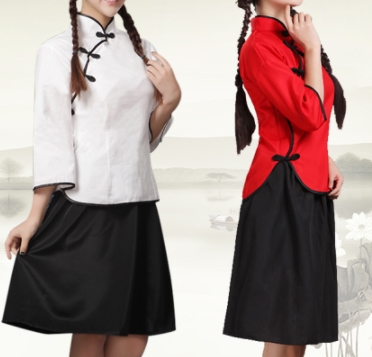 ชุดเสื้อคอจีนกี่เพ้า ชุดแสดง หญืง กระโปรงสั้นเข่า สีฟ้า แดง ขาว ชมพู Size No สูง120 130 140 150 160 170