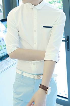 เสื้อเชิ้ตคู่รัก แขนพับข้อศอก คลิบกระเป๋าขาว สีชมพู No.35