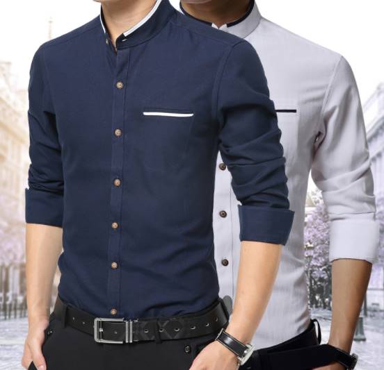 เสื้อคอจีนผู้ชาย เชิ้ตแขนยาว แฟชั่น แต่งขอบปก แขนคลิบขาว Size No.36 38 40 42 44 46 เทา ชมพู ฟ้า เบจ เทาเข้ม