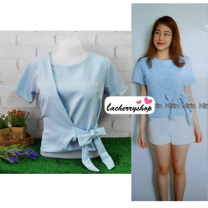 เสื้อผ้าแฟชั่น เสื้อทำงาน สีฟ้า เอวมัดโบว์เก๋ๆ ผ้าฮานาโกะเนื้อดี แบบสวยน่ารักๆ ใส่ได้ทุกโอกาส คุณภาพดี ราคาไม่แพง
