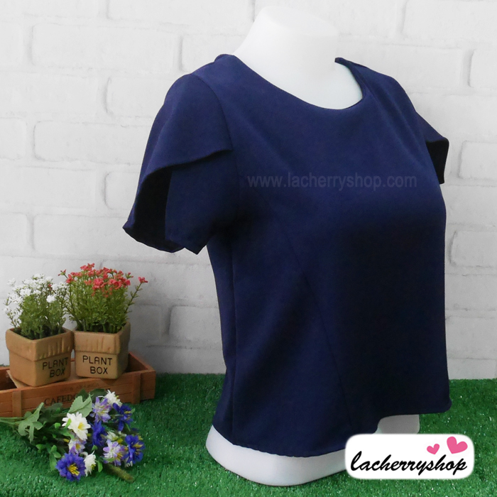 เสื้อผ้าแฟชั่น เสื้อทำงาน ผ้าฮานาโกะตัดแต่งแขนเก๋ๆ สีกรมท่า แบบสวยเรียบหรู สินค้าคุณภาพดี ราคาไม่แพง