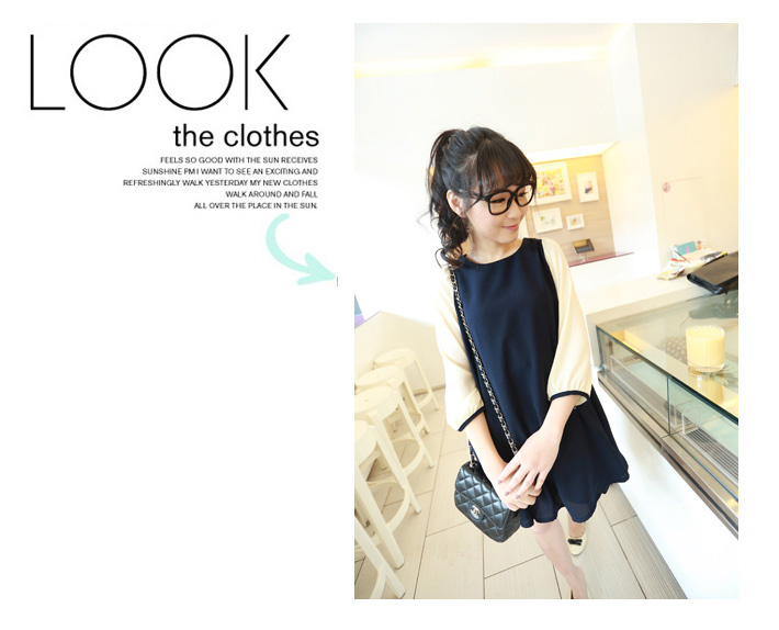 SALE//SALE (ส่งฟรี) ชุดเดรส สไตล์เกาหลี สีน้ำเงิน แขนเสื้อสีขาว ไหล่ตุ๊กตา มีซิปด้านหลัง น่ารักมากค่ะ