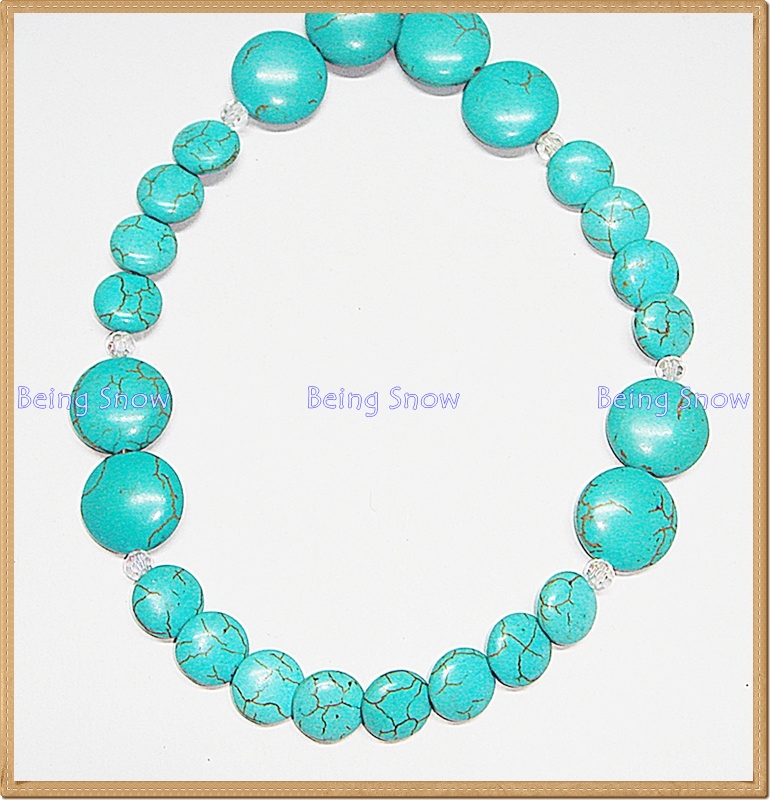 สร้อยคอหินสี - เทอร์ควอยส์ทรงแบบเม็ดเล็ก+ใหญ่ คั่นด้วยคริสตัลสีขาวใส